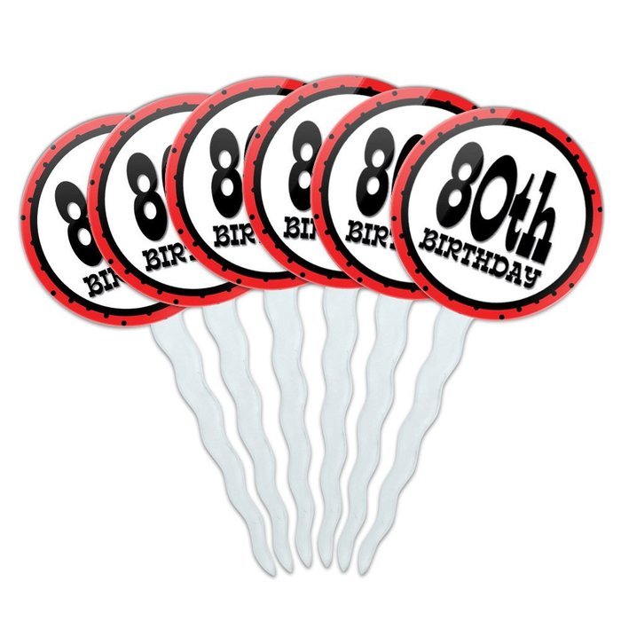 Set of 6 Cupcake Picks Toppers Decoration Birthday Party Red Black Polka Dots - 90 Ninety N5