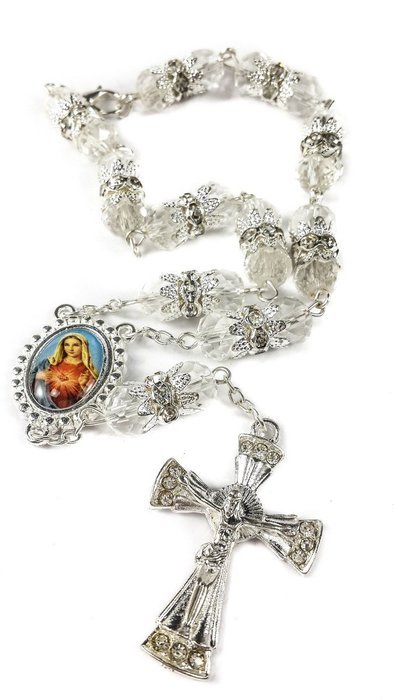 Car Rearview Mirror Rosary White Crystals Beads & Zircons Cross Jerusalem