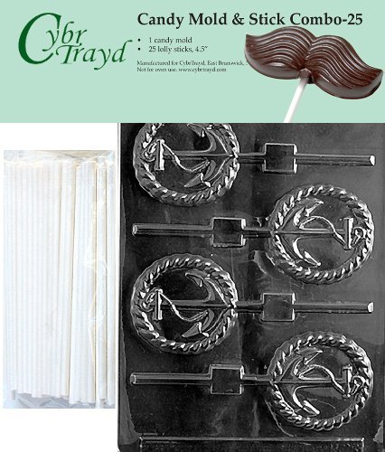 Cybrtrayd 45St25-N028 Anchor Lolly Nautical Chocolate Candy Mold with 25 Cybrtrayd 4.5" Lollipop Sticks