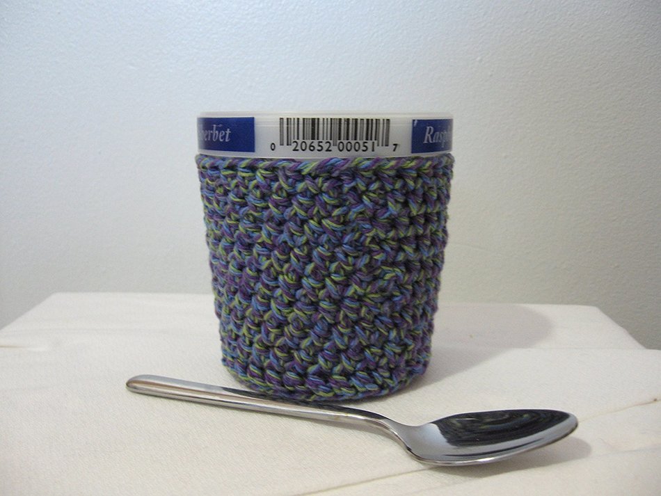 Handmade Crochet Ice Cream Pint Cozy in Blue, Purple and Green Tweed