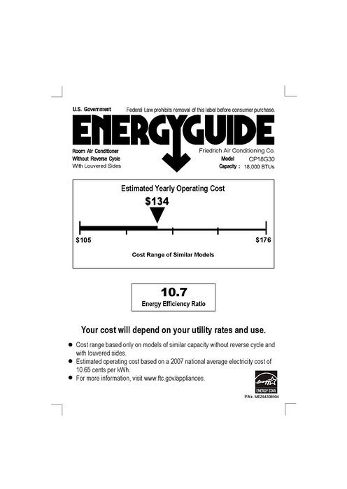 Friedrich CP18G30 18000 btu - 230 volt - 10.7 EER Chill series room air conditioner