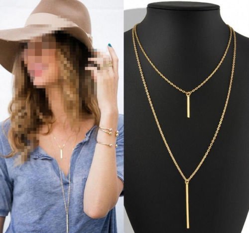 Hot Women Gold Plated Long Sweater Chain Vertical Bar Pendant Necklace Jewelry H N2