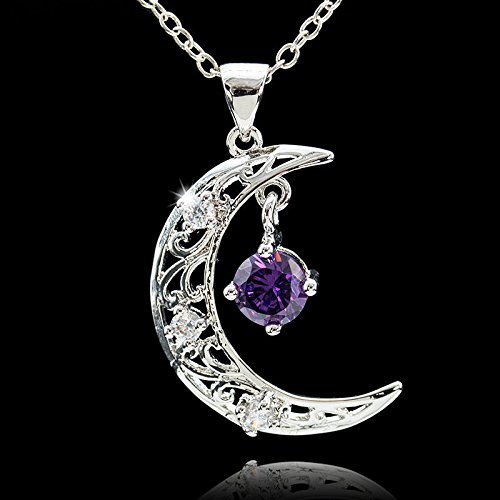 Fashion Women Silver Charm Moon Amethyst Crystal Hollow Vintage Necklace Pendant