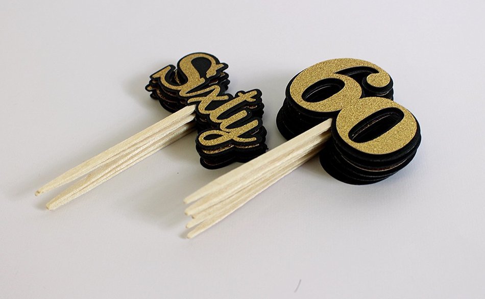 All About Details Black & Gold Sixty Cupcake Toppers, Set of 12