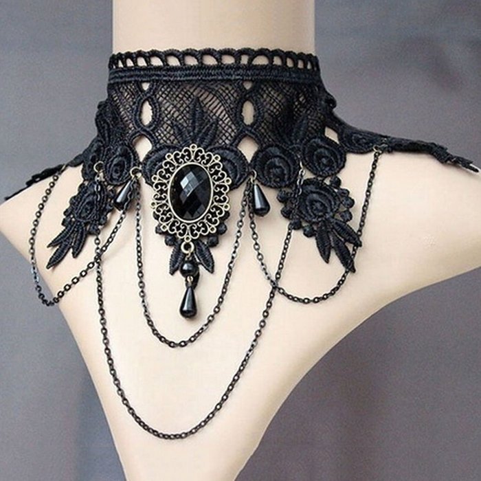 Women Black Lace Flower Chain Tassel Choker Collar Necklace Gothic Punk Jewelry N3