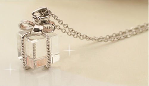 Transparent Gift Box Bow Chain Necklace Sweater Pendant Silver Jewelry Gift N3