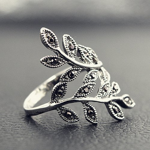 Women's Retro Punk Leaf Shape Rhinestone Decor Ring Party Jewelry Charms Sanwood (8) N5
