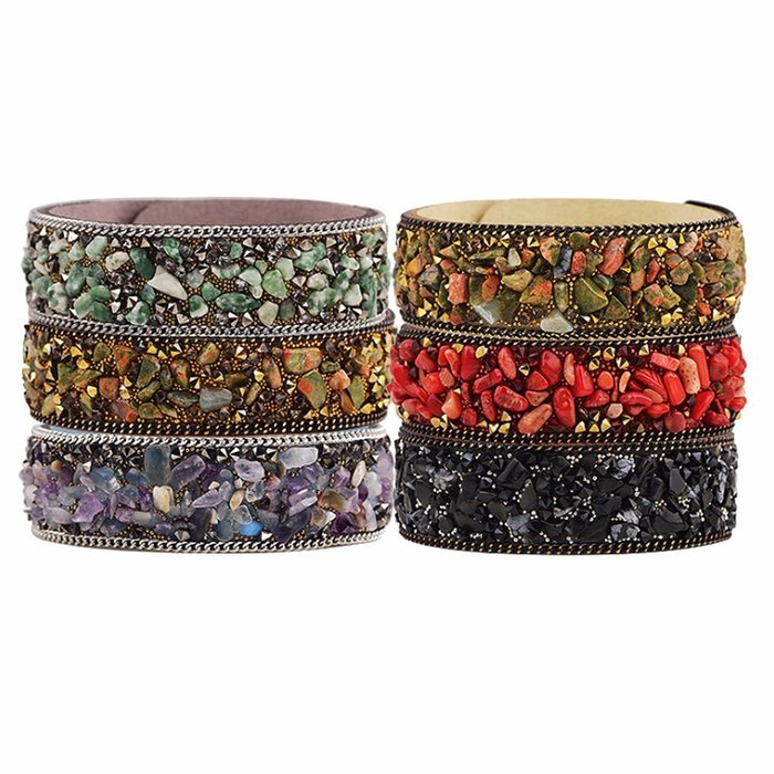 Gaobei Handmade Punk Style Womens Bangle Natural Crystals Stones and Crystal Inlay Soft Velvet Leather Wrap Bracelets N7