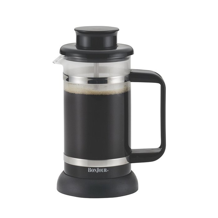 BonJour Coffee Borosilicate Glass French Press with Coaster & Scoop, 12.7-Ounce, Riviera, Black