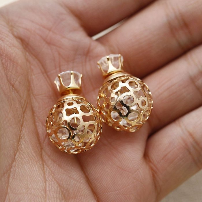 Double-Sided Yellow Gold Plated Hollow Crystal Ball Women Unique Earring Jewelry N4