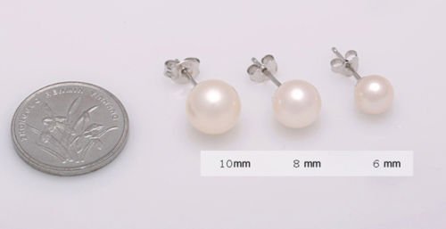 New Fashion 3 Size Women's Real White Freshwater Pearl Ear Stud Earrings Gift 8mm
