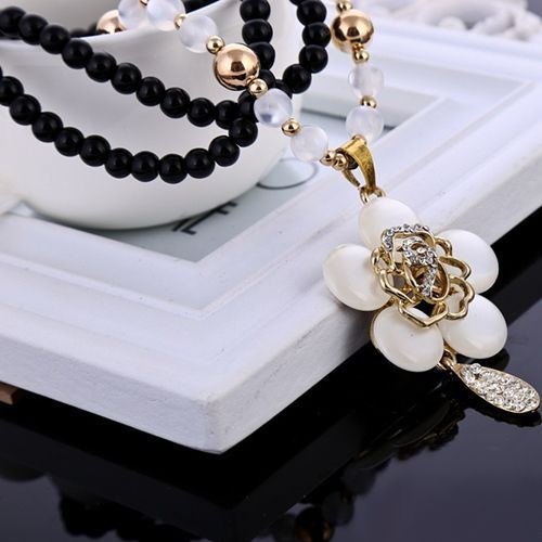 Fashion Chain Necklace Rhinestone Flower Black Pendant Trendy Multilayer Chain N3