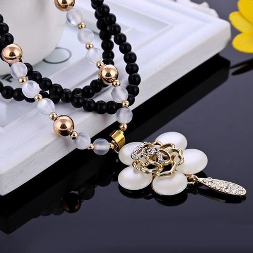 Fashion Chain Necklace Rhinestone Flower Black Pendant Trendy Multilayer Chain N4