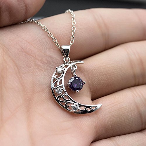 Fashion Women Silver Charm Moon Amethyst Crystal Hollow Vintage Necklace Pendant N4