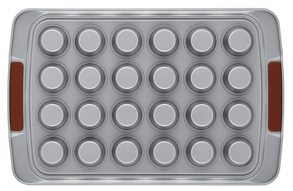 Cake Boss Deluxe Nonstick Bakeware 24-Cup Mini Muffin Pan, Gray with Red Silicone Grips