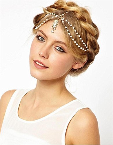 Boho Women Pearl Gold Wedding Headdress Headband Head Band Crown Chain Headpiece
