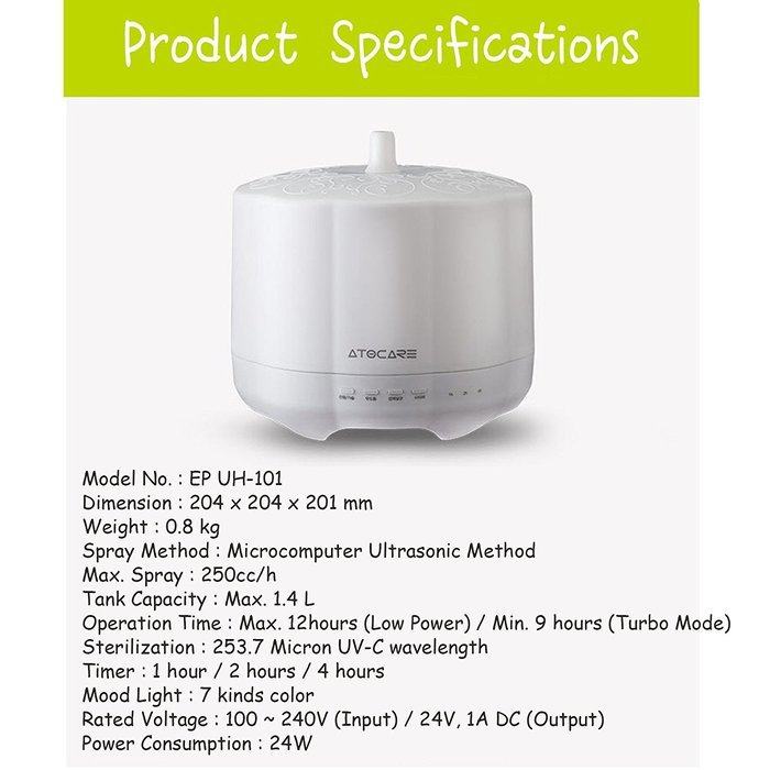 Atocare EP UH-101 Ultrasonic LED Humidifier Self Sterilization Mood Light 1.4L N7