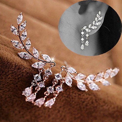 Women Fashion Gold Silver Crystal Zircon Leaves Tassel Ear Stud Earrings Jewelry (gold)
