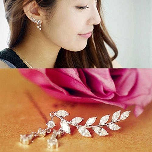 Women Fashion Gold Silver Crystal Zircon Leaves Tassel Ear Stud Earrings Jewelry (gold) N2