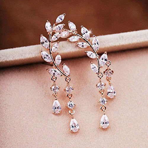 Women Fashion Gold Silver Crystal Zircon Leaves Tassel Ear Stud Earrings Jewelry (gold) N3