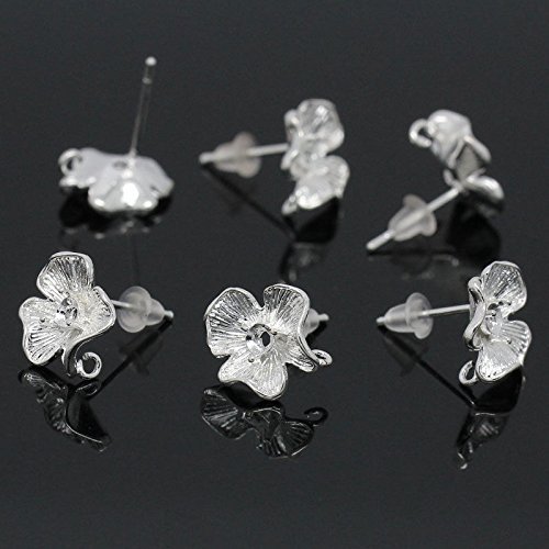 10 PCs Copper Earring Post Flower Silver Plated 17mmx12mm(5/8"x4/8") N2