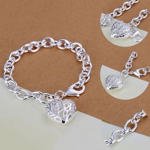 Fashion Women Lady Silver Plated Charm Heart Crystal Chain Bracelet Bangle N5