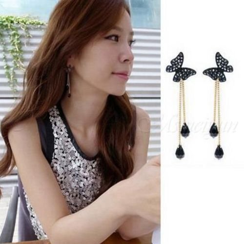 1Pair New Women Rhinestone Butterfly Drop Long Tassel Ear Stud Earrings jep