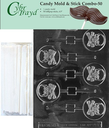 Cybrtrayd 45St50-H080 Skull And Crossbones Lolly Chocolate Candy Mold with 50 Cybrtrayd 4.5" Lollipop Sticks