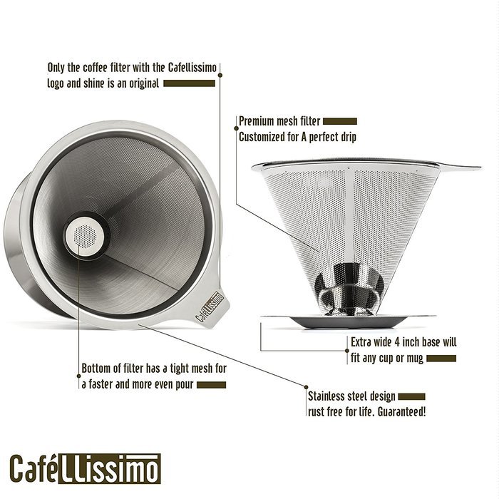 cafellissimo Stainless Steel Reusable Paperless Coffee Filter Pour-Over Coffee Maker with Mesh Bottom