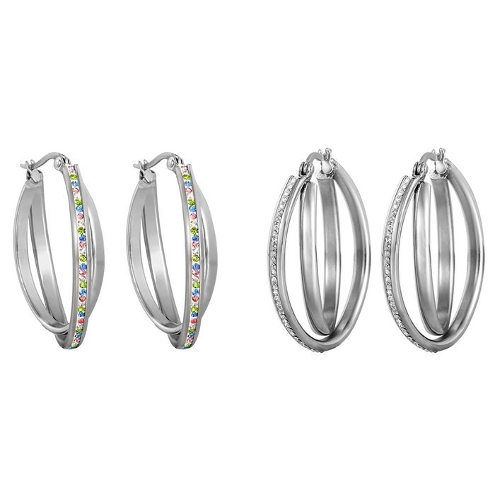 HooAMI Stainless Steel Womens Double Oval Hoop Earrings with Clear CZ Crystal N2