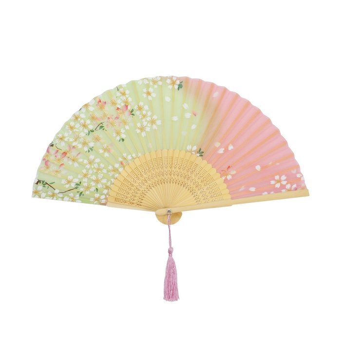 I-MART Pink and Green Cherry Blossom Pattern Lace Bamboo Handheld Folding Fan