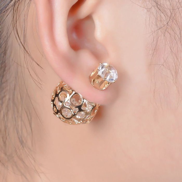 Double-Sided Yellow Gold Plated Hollow Crystal Ball Women Unique Earring Jewelry N5