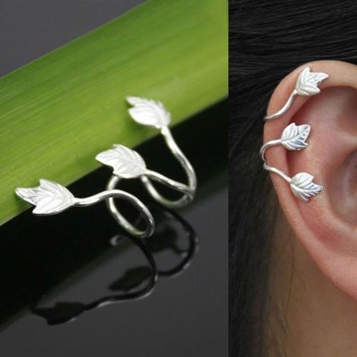 Women Silver Plated Leaf Ear Cuff Earrings Clip On Wrap No Piercing Personality N2