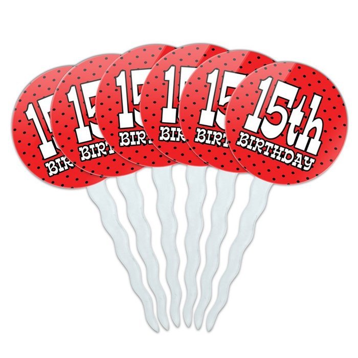 Set of 6 Cupcake Picks Toppers Decoration Birthday Party Red Black Polka Dots - 90 Ninety N8