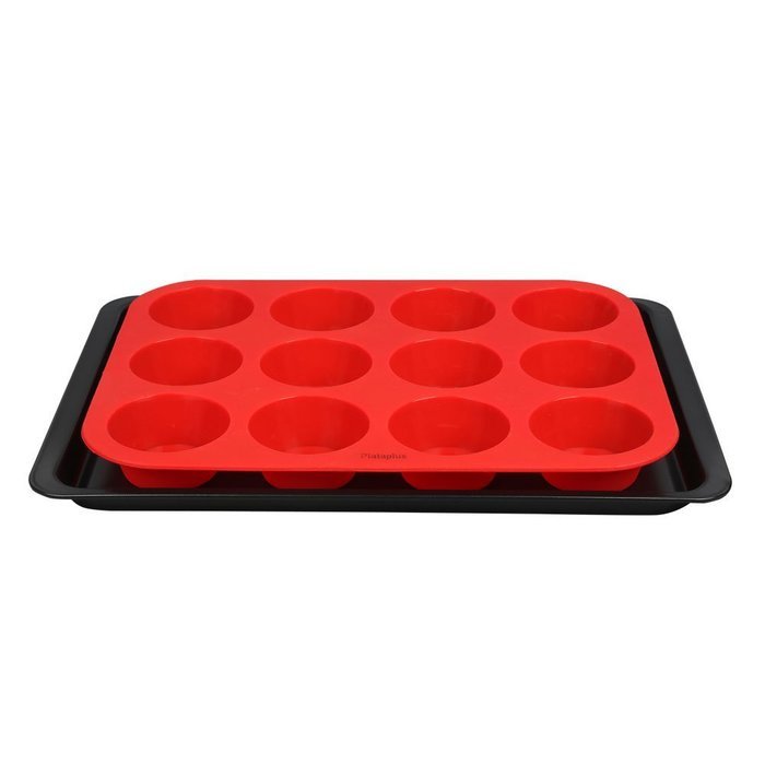 Plataplus Silicone Muffin Pan 12 Cup Nonstick Cupcake Baking Mold BPA Free, Red