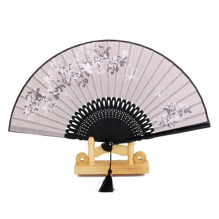 Linen Butterfly Flowers Hand Fan Lacquer Handle Folding Fan Gray N6
