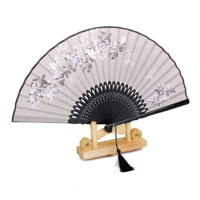 Linen Butterfly Flowers Hand Fan Lacquer Handle Folding Fan Gray N7