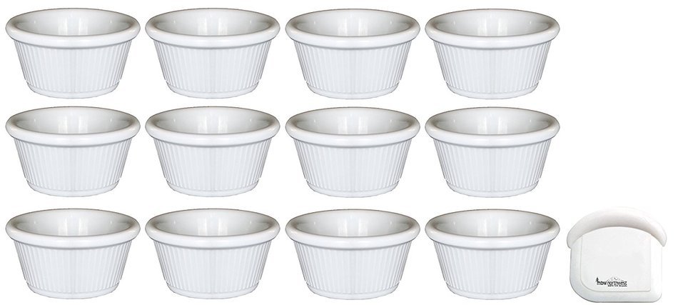 Clipper Fluted Round Stackable Small Melamine Condiment Ramekins with Pan Scraper, White (12-Pack, 2 Ounce) N2