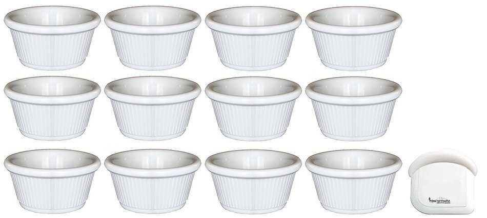 Clipper Fluted Round Stackable Small Melamine Condiment Ramekins with Pan Scraper, White (12-Pack, 2 Ounce) N4