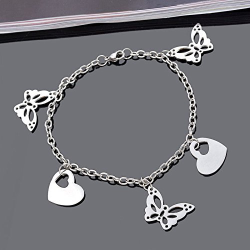 1PC 22cm Women Stainless Steel Silver Chain Bracelet With Heart Butterfly Charm N3