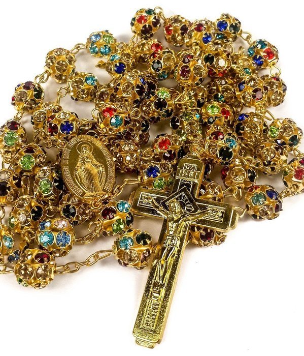 Colorful Zircon Beads Golden Rosary Catholic Necklace Miraculous Medal Cross N3