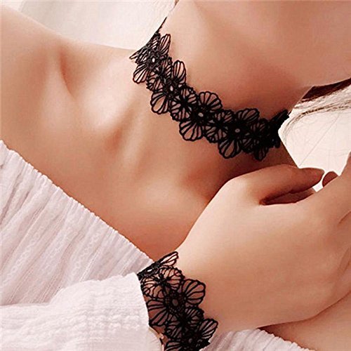 Women Black Lace Flower Choker Necklace Bracelet Punk Gothic Jewelry Set