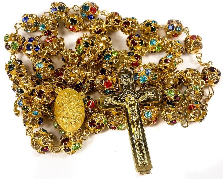 Colorful Zircon Beads Golden Rosary Catholic Necklace Miraculous Medal Cross N4