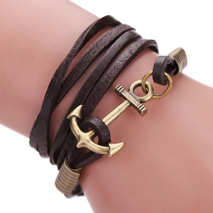 AutumnFall&reg; Multilayer Leather Handmade Rope Wristband Anchor Bracelet Bangle (Black) N9