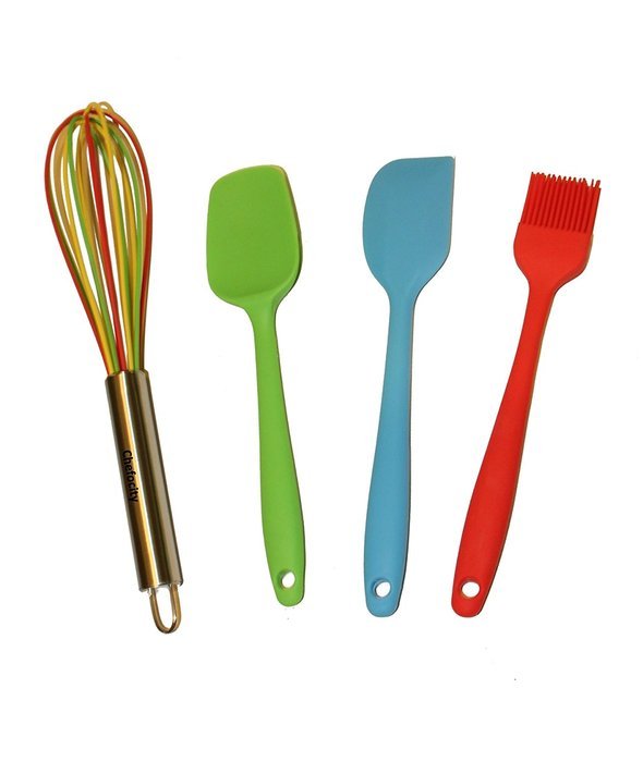 4 Piece Kitchen Utensil Set - Multi Color Silicone Whisk, Red Basting Brush, Green Small Scraper, Light Blue Small...