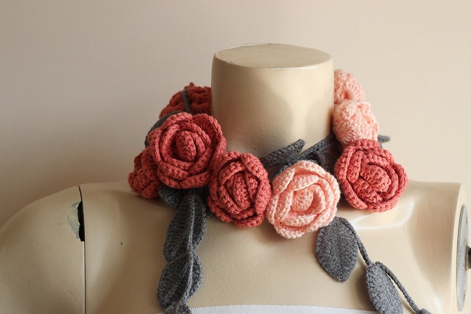 Coral and Grey Necklace-Summer Necklace-Salmon Coral and Grey Necklace-Rose Lariat Scarf-Rose Necklace N2