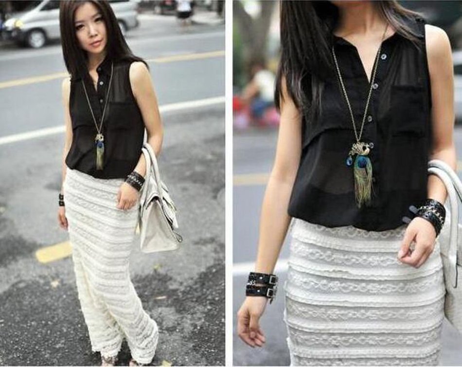 Women Charm Retro Peacock Feather Pendant Long Chain Vintage Sweater Necklace