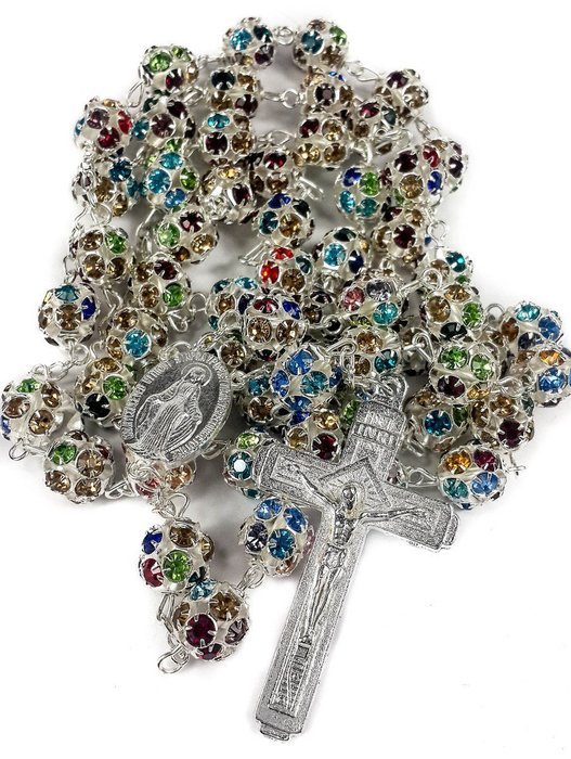 Colorful Zircon Beads Silver Rosary Catholic Necklace Miraculous Medal Cross N2