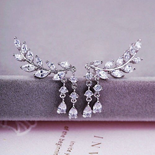 Fashion Women Leaves Tassel Ear Stud Crystal Zircon Earrings Jewelry Silver N2