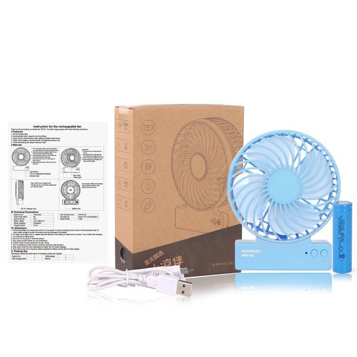 SSYS Mini USB 3 Speeds Rechargeable Portable Fan with Blue LED Night Light ,18650 Lithium-Ion Battery and USB... N2